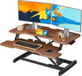 32" Standing Desk Converter, Quick Sit to Stand Desk Riser | Height Adjustable Stand up Desk with Keyboard Tray for Dual Monitor, Copmputer Workstation for Home Office, Dark Wood by JYLHJOYSEEKER