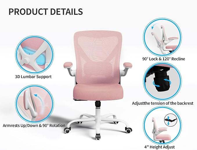 Office Chair: 330LBS Mesh Ergonomic Desk Chair Comfy with 3D Lumbar& Swivel | Ergalithic Computer Chair-Executive Task Work Chairs with Flip-up Arm Home Office Desk Chairs Gaming Chair for Adults(Pink) - Image 7