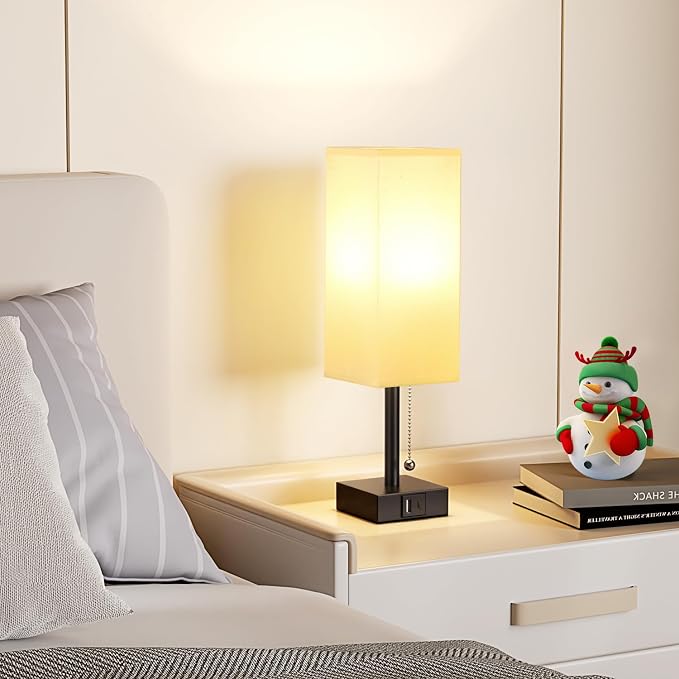 Set of 2 White Bedside Table Lamps for Bedroom - Nightstand Lamp, USB C+A | Pull Chain Lamp, 3 Color Modes(3000K/4000K/5000K), E26 LED Bulb Included, Square White Fabric Lampshade, for Read, Work, Dorm - Image 8