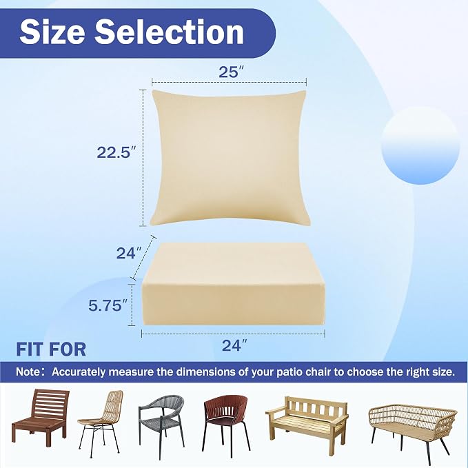 Outdoor Chair Cushions, 24 x 24 Inch Outdoor Cushion for Patio Furniture, Patio Chair Cushion, Waterproof & Fade Resistant Deep Patio Furniture Cushion Set with Handle and Ties, Light Khaki (Set of 4) - Image 2