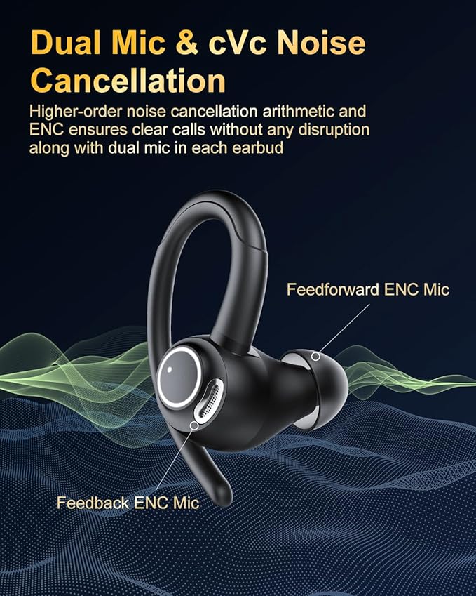 Wireless Earbuds, Bluetooth 5.4 Headphones Sport Over Ear Buds With ENC Mic | Noise Cancelling, 48H, Wireless Earphone With Earhooks, Stereo Deep Bass, IP7 Waterproof ear bud for Workout Running, Black - Image 4