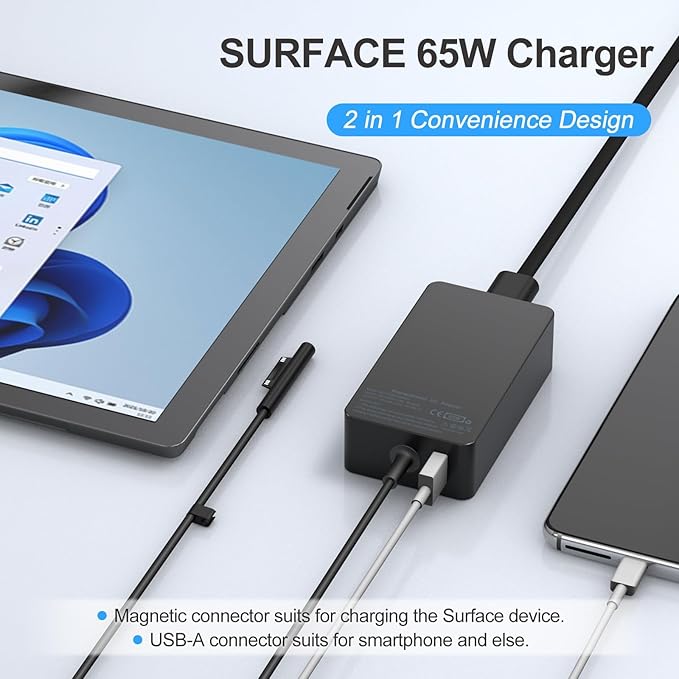 65W Surface Pro Laptop Charger-for Microsoft Surface Pro Charger Windows Surface Laptop 7,6,5,4,3,2,for Microsoft Surface Pro10,9,8,7+,7,6,5,4,3,X,Surface Book3,2,1,Surface Go Tablet,Support 44W,10FT - Image 4