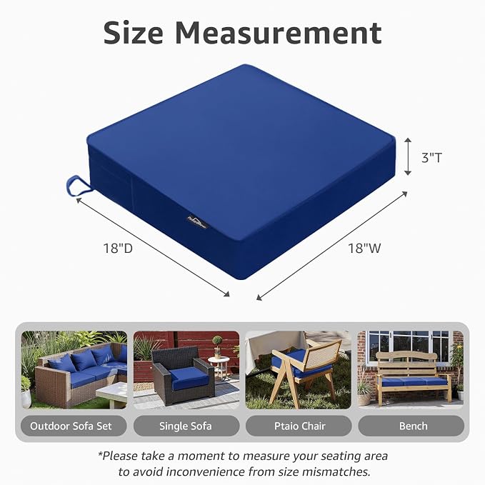 PatioGlow Outdoor Chair Cushions 18 x 18 x 3 Inch, Waterproof & Fade Resistant Patio Seat Cushion for Furniture with Handle and Ties, Thick Seating Pads for Outside Sofa Couch Set of 2, Blue - Image 2