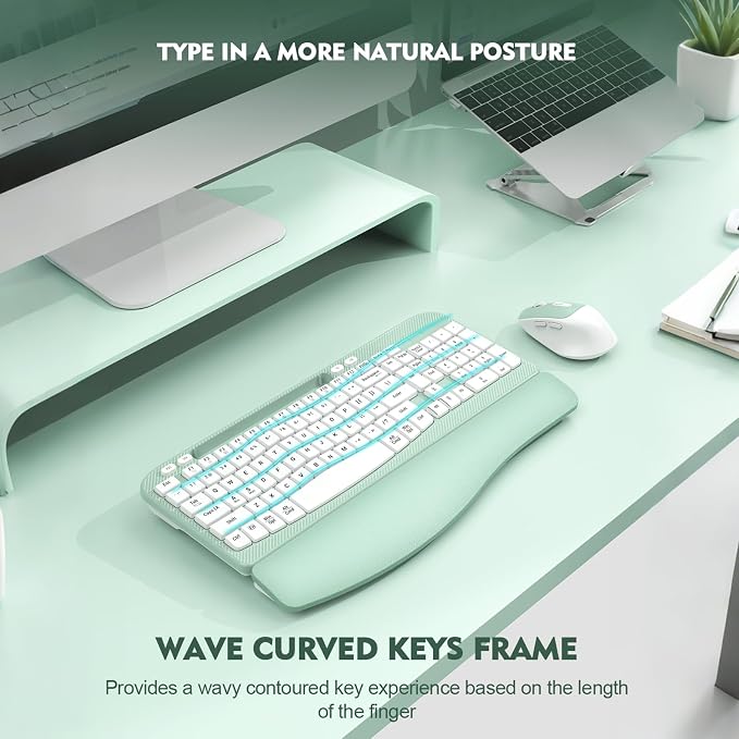 Wireless Keyboard and Mouse Combo, Full-Sized Ergonomic Wave Keys Keyboard with Memory Foam Wrist Rest & Phone Holder, 2.4G Quiet Keyboard Mouse Work Setup for PC Laptop, Office or Home (Mint Green) - Image 7