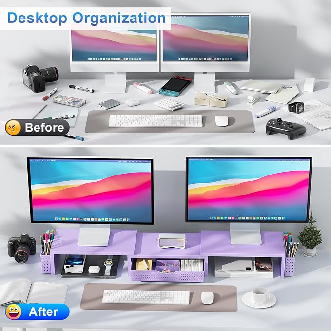 gianotter Dual Monitor Stand Riser With Drawer and 2 Pen Holders | Computer Monitor Stand Desk Organizer and Accessories Desk Shelf for Top of Desk (Purple) - Image 2