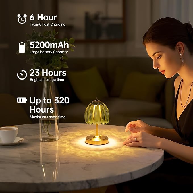 Shenmoyl Tulip Small Table Lamp, 5200mAh Cordless Touch Control Mini Table Lamp with 3 Color Temps & Stepless Dimming, Perfect for Small Spaces Like Dressers, Bedsides, Bookshelves (Green Tulip) - Image 6