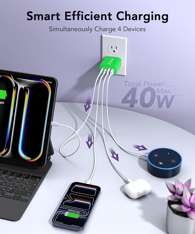 [2-Pack] 40W USB C Charger Block, 4-Port Type C Fast Charging Brick Dual PD&QC Wall Plug Adapter Power Brick for iPhone 13/14//15/16/17 Pro Max Plus/iPad/Airpods/iwatch/Samsung Galaxy (Green) - Image 2