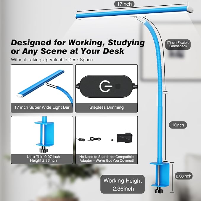Airlonv LED Desk Lamp with Clamp, 17" Stepless Dimming Light, Blue | 2700K-6500K, 100 LEDs, 360° Gooseneck, Fits Up to 30" Monitors, Flicker-Free Lighting for Home Office, Study& Workbench - Image 3