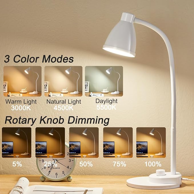 BOHON LED Desk Lamp with USB Charging Port, 3 Color Modes Dimmable, White | Reading Lamp, Auto Dimming Task Lamp, Flexible Neck Table Light for Dorm Bedside, Adapter Include - Image 2