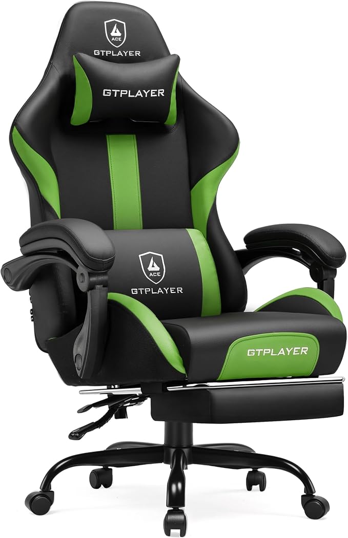 GTPLAYER Gaming Chair with Pocket Spring Cushion, Leather Office Chair with Ergonomic High Back & Lumbar Support for Back Pain Relief, Computer Game Chair for Adults, Grass Green by GTPLAYER
