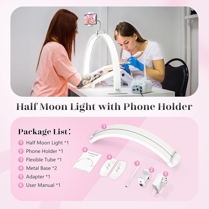 Yokilly Half Moon Light for Nail Desk: 29" Foldable Nail Light for Desk | Arch Nail Tech Light with Phone Holder for Beginner - 3 Color Modes & 10 Brightness for Manicure Salon-White - Image 7