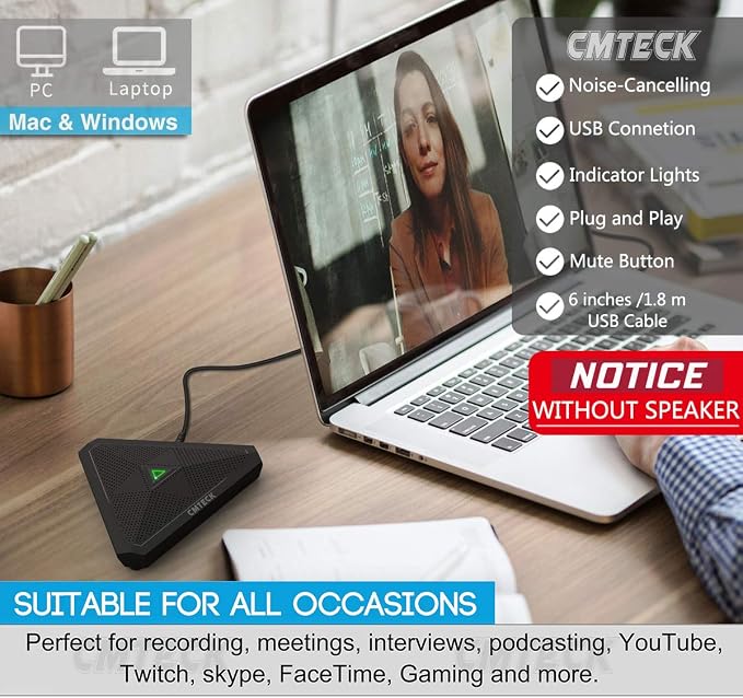 CMTECK Conference USB Microphone, Plug-and-Play Omnidirectional Desktop Mic | Built-in mute button; compact desktop design. Crystal-clear pickup for meetings, streaming. Works with Windows/macOS - Image 4