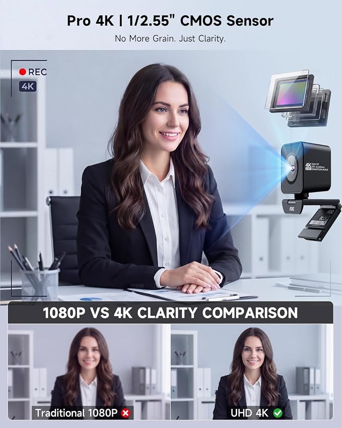 AOC 4K Webcam for PC, Sony Sensor, 1080P 60FPS Streaming Camera with PDAF | Computer Camera for Zoom/Mac/Switch 2, Privacy Cover, Plug & Play, 75° FOV, Tripod, USB A-C Adapter Included - Image 2