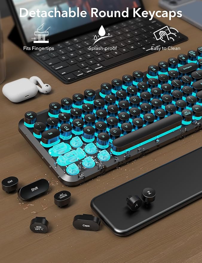Wireless Keyboard and Mouse Backlit - Typewriter Keyboard with Magnetic Wrist Rest, Retro Round Keys, Light Up Letters, 2.4GHz Cordless Combo for Mac, Windows, PC, Laptop, Trueque CK23Pro [Upgraded] | Retro Round Keys, Light Up Letters, 2.4GHz Cordless... - Image 7