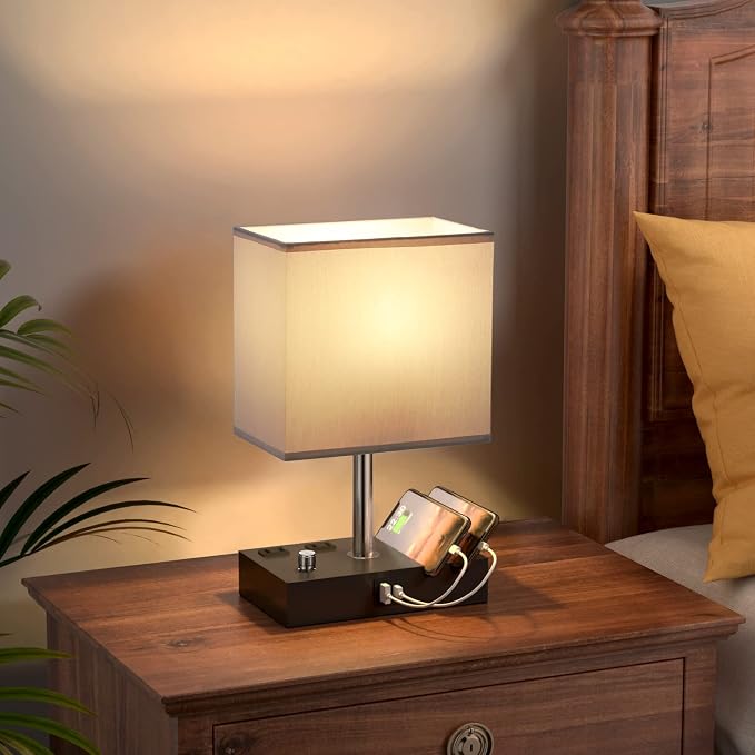 Grey Table Lamp for Bedroom - Stepless Dimmable, USB C+A, 2 AC Outlets | Dimming By Rotary Knob, USB C+A Ports, 2 Phone Stands, LED Bulbs Included, Rectangle Misty Grey Lampshade, for Living Room - Image 4