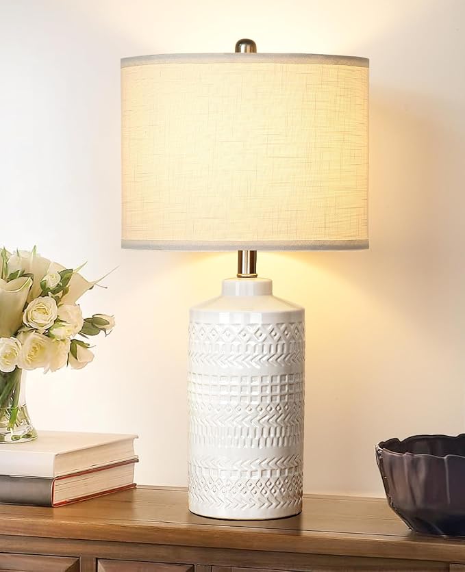 JUNNAI 24.5" White Ceramic Table Lamp 3-Way Dimmable Nightstand with White Linen Shade Bedside Lamp for Bedrooms & Living Room Office Reading(Bulb Included) - Image 2