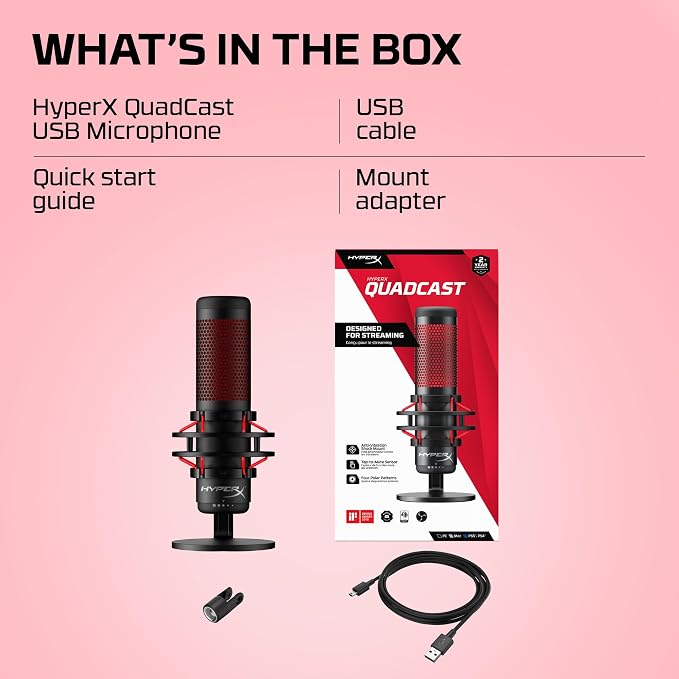 HyperX QuadCast - USB Condenser Gaming Microphone, for PC, PS4, PS5 and Mac, Anti-Vibration Shock Mount, Four Polar Patterns, Pop Filter, Gain Control, Podcasts, Twitch, YouTube, Discord, Red LED - Image 8