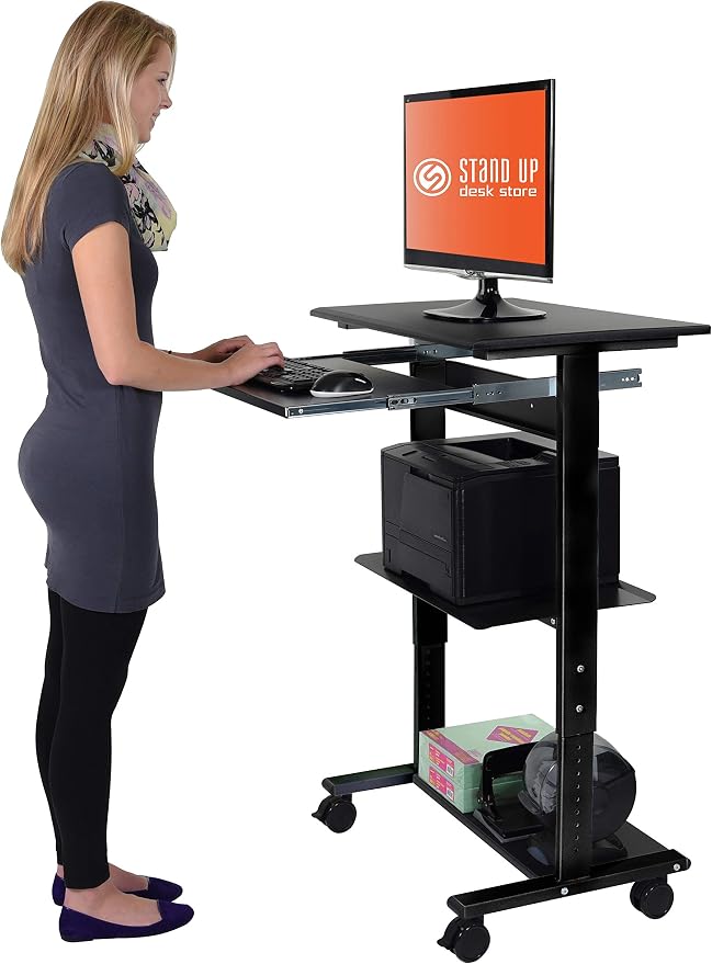 Stand Up Desk Store Mobile Rolling Adjustable Height Standing Workstation with Printer Shelf and Slideout Keyboard Tray (Black Frame/Black Top, 30" Wide) - Image 5