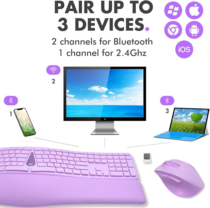 X9 Ergonomic Keyboard and Mouse Wireless Combo - Purple Keyboard and Mouse Wireless, Bluetooth/2.4G Split, Wrist Rest, Rechargeable, Silent Ergo Keys - PC, Mac, iOS, Android - Image 3