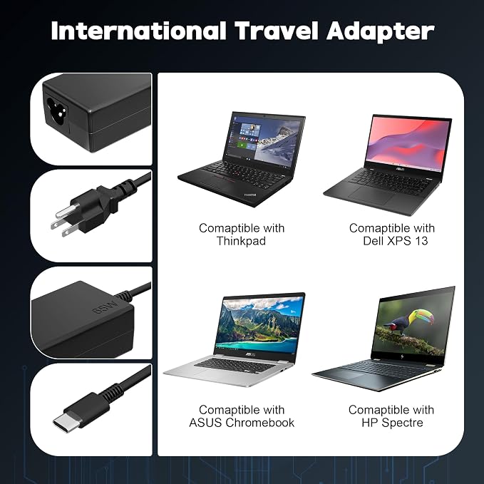 NELEBUTO 65W USB C Laptop Charger Universal Adapter | Compatible with HP Chromebook Lenovo Thinkpad/Yoga Dell Asus Acer Samsung Google Series Type C Power Cord - Image 2