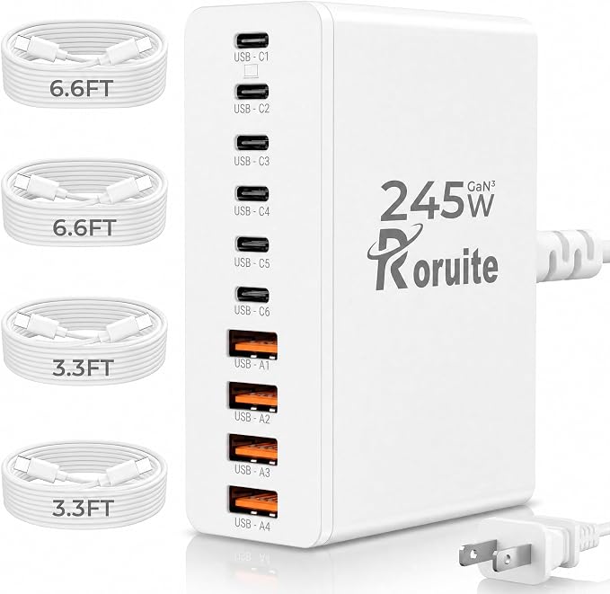 USB C Charging Station 10 Port with 4 Cables,245W GaN Charger Block | Type C Wall Charger Power Strip Adapter Plug for iPad iPhone17 16 15 14 13 12 Pro Max Pixel Note Galaxy White by Roruite