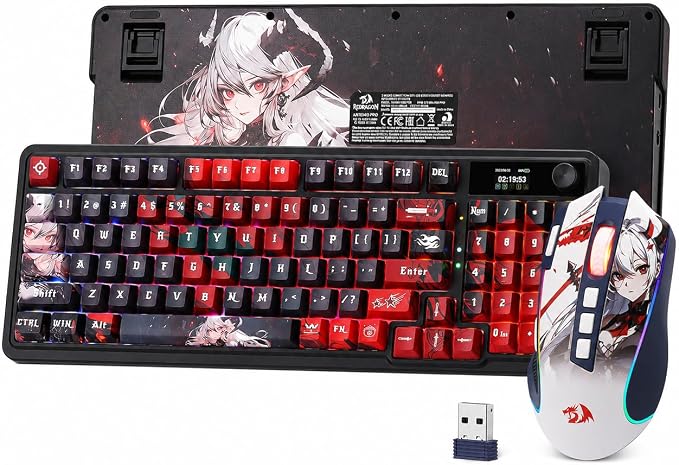 Redragon Anime Keyboard & Mouse Combo, K719 PRO KB + M612AK 8000 DPI Mice | Multi-Function Control Knob, LED Screen & Knob, 0-Delay Tri-Mode, 95 keys Creamy Cushioned Typing, 9 Button Macro Combos by REDRAGON