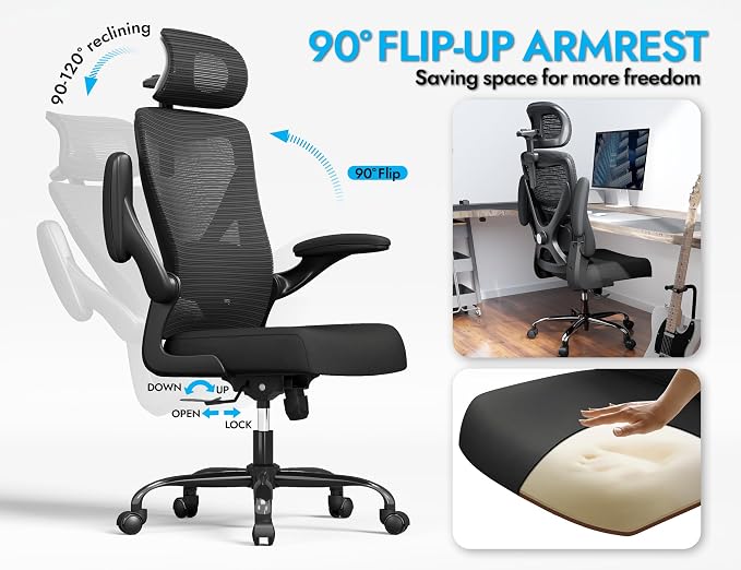 Ergonomic Office Chair: Mesh Desk Chair Comfy with Headrest& Lumbar Support | Ergalithic Big and Tall Office Chairs with Wheels & Flip-Up Arms-Computer Gaming Chairs for Adults Home Office (Full Black) - Image 4