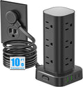Flat Plug Power Strip Tower Surge Protector, 10FT Flat Extension Cord with Multiple Outlets, 12 AC Outlets, 4 USB Ports (2 USB C) Charging Station for Office Home Dorm Room Travel (Black) by Unknown