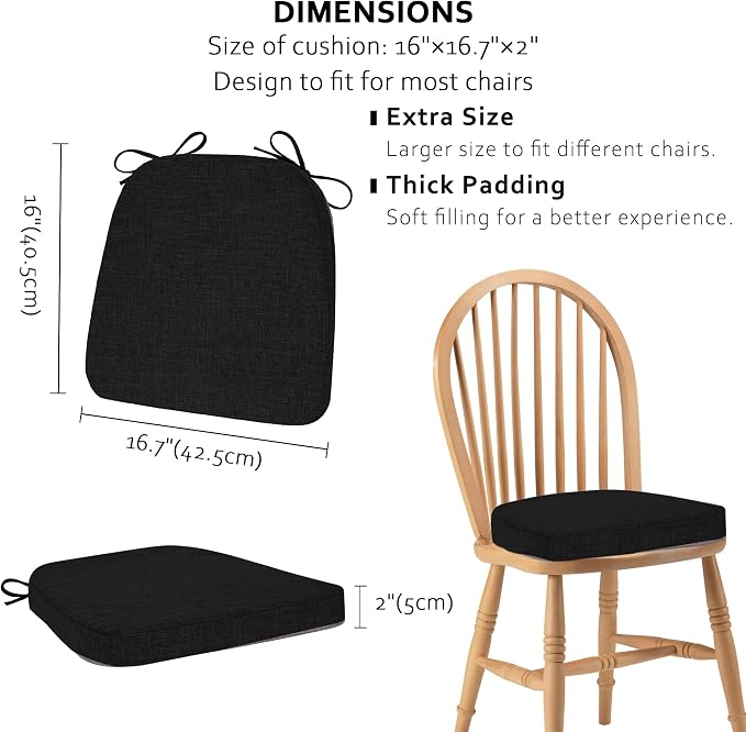ELFJOY Non-Slip Chair Cushions for Dining Chairs Black 16.7"x16" | 4 Pack, with Ties and Washable Cover, U Shape, Breathable Fabric, for Kitchen Dining Office Folding Chairs，Comfortable - Image 2