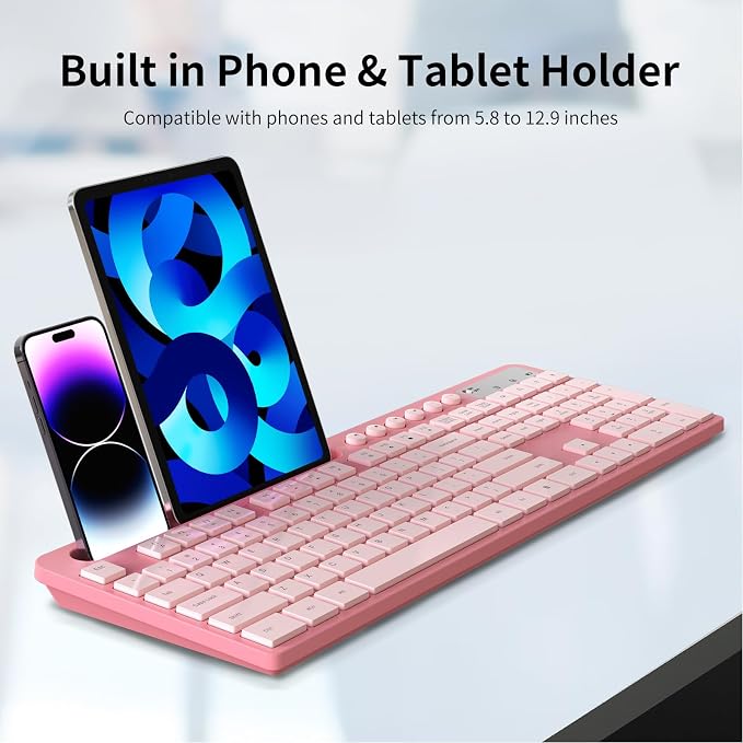 Wireless Keyboard and Mouse Combo, MARVO 2.4G Ergonomic Wireless Computer Keyboard with Phone Tablet Holder, Silent Mouse with 6 Button, Compatible with MacBook, Windows (Sakura Pink) - Image 3
