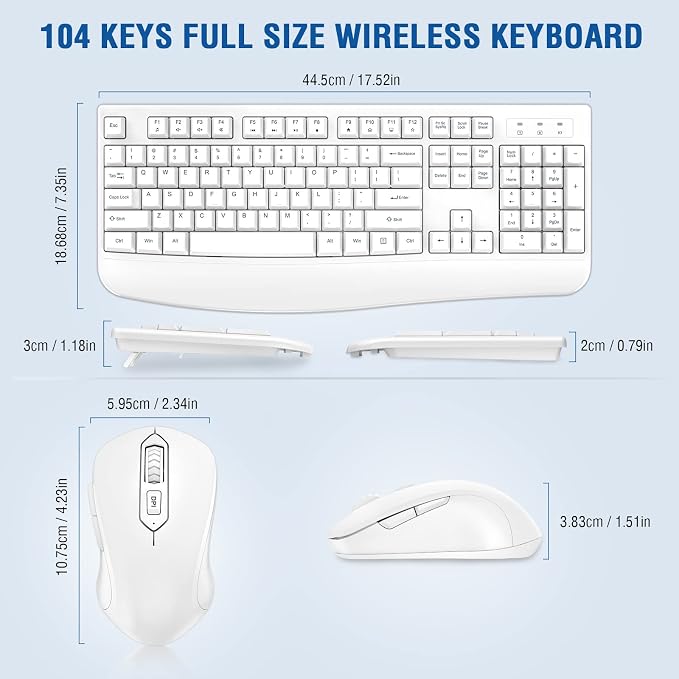 Wireless Keyboard and Mouse Combo, EDJO Full-Sized Ergonomic Computer Keyboard with Wrist Rest and 3 Level DPI Adjustable Wireless Mouse for Windows, Mac OS Desktop/Laptop/PC (White) - Image 2