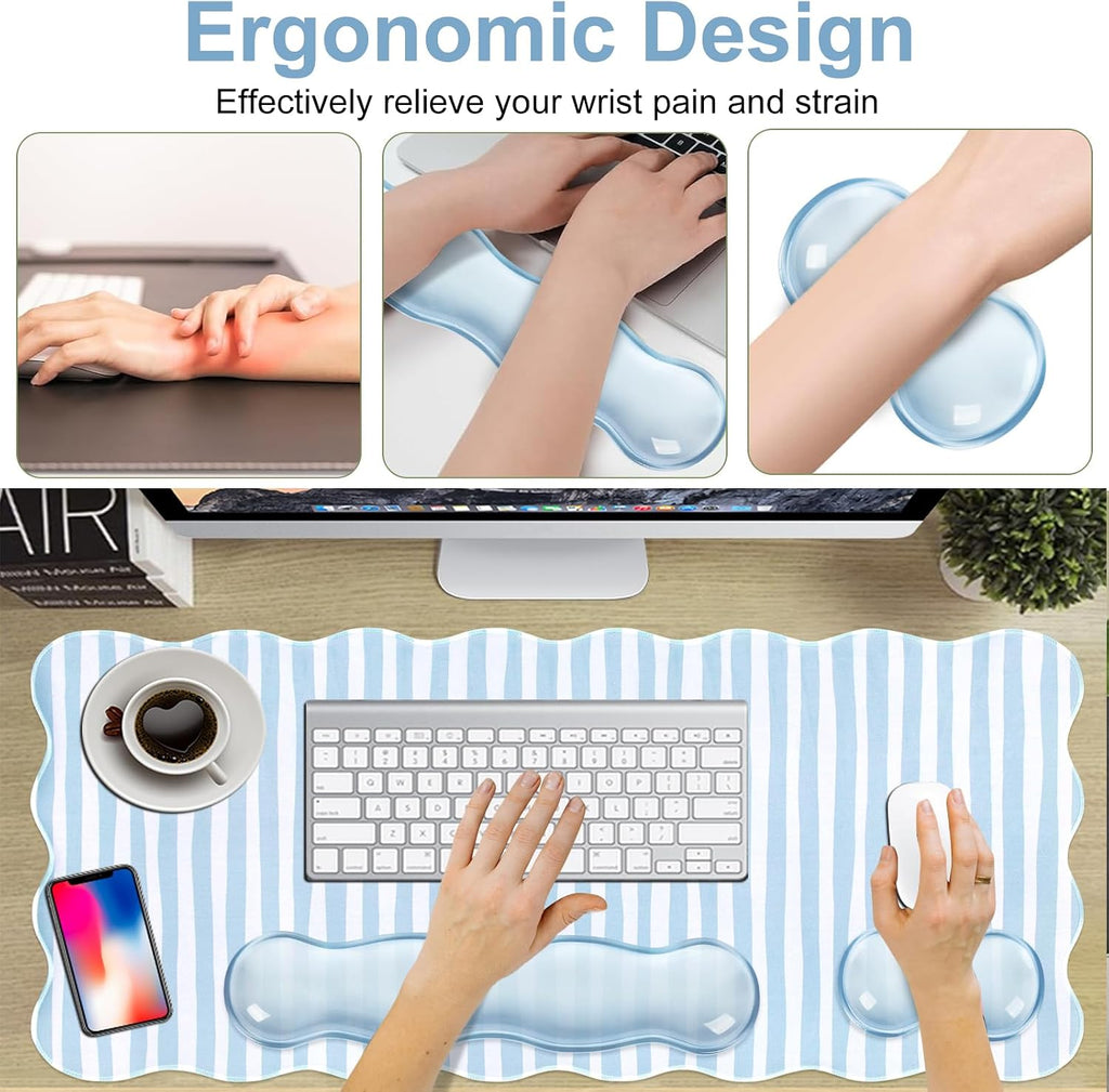 L-SPOUTTO Blue Striped Mouse Pad Set,Scalloped XXL Desk Mat + Ergonomic Mouse Wrist Rest + Gel Keyboard Wrist Rest for Keyboard 65%/75%,3in1 Large Desk Pad for Desktop Home Office Computer Game - Image 6