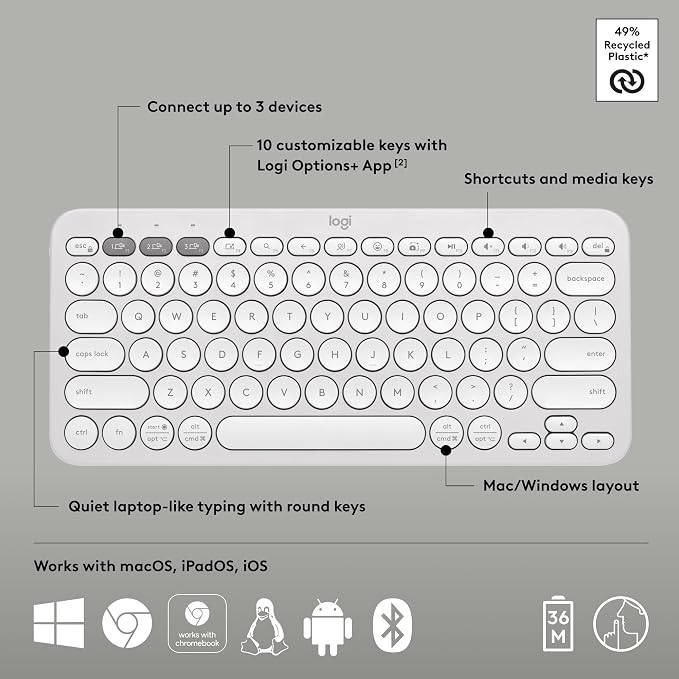 Logitech Pebble Keys 2 K380s Keyboard, Bluetooth, Wireless - Tonal White | Multi-device connectivity, customizable shortcuts, slim and portable, easy-switch for macOS, iPadOS, Android, Chrome OS - Image 6