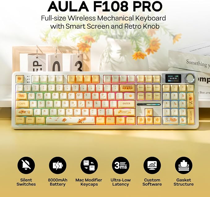EPOMAKER X Aula F108 PRO Wireless Gaming Keyboard with Screen, 8000mAh Battery, 104 Hot-Swappable and Programmable Keys and Knob, RGB Backlight, for Mac/PC/Android (Grey&Yellow) - Image 2