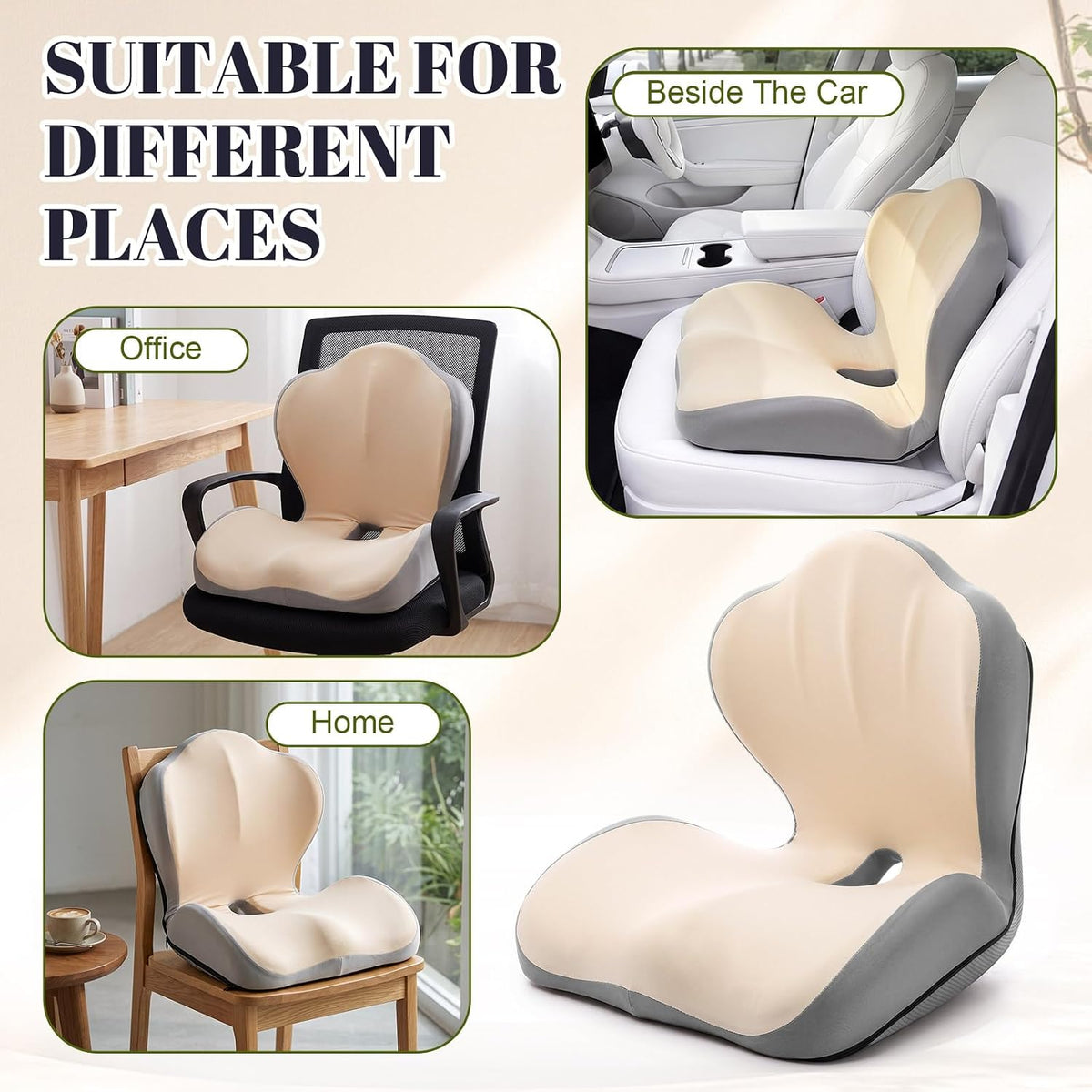 Ergonomic Seat Cushion Back Support for Office Chair Car, Beige Gray - Image 6