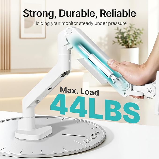 Heavy Duty Single Monitor Arm for 17-49 Inch,Holds 44 lbs, White | Ultrawide Monitor Mount, Adjustable Gaming Desk Mount for 75/100 Vesa Mount - Image 3