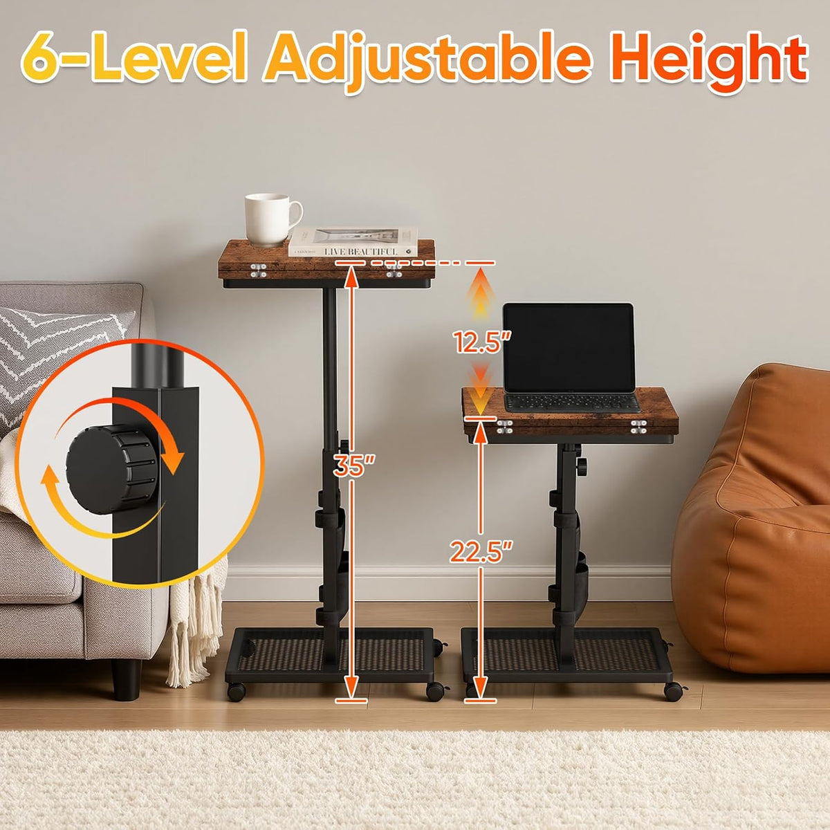Aduanbang TV Tray Table, C-Shaped End Table, 6-Level Adjustable Height,Sofa Side Desk for Couch, Bed, Chair, Living Room (Brown) - Image 2