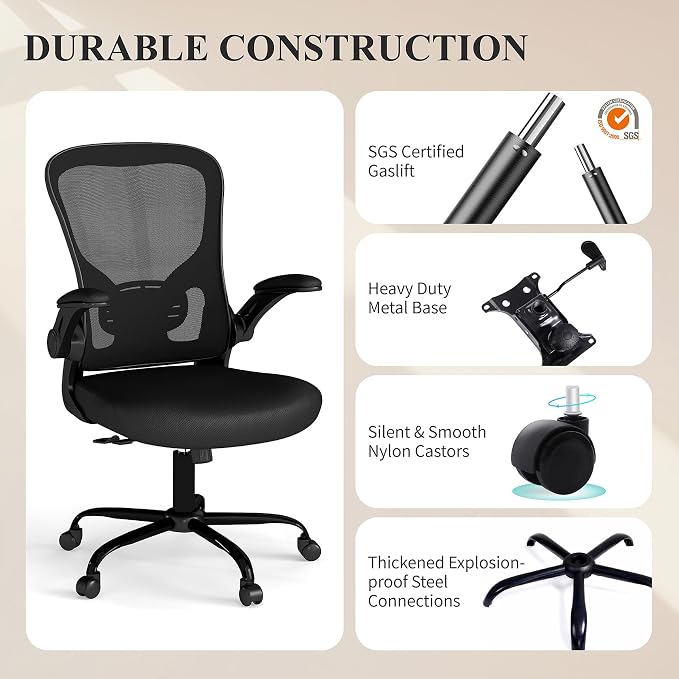Flysky Mesh Office Chair, Ergonomic Computer Desk Chairs (Black, Set of 2) | Comfy/Comfortable Flip-up Arm Rests, Lumbar Support, Height Adjustable, 360 Degree Rolling Swivel for Home Office - Image 10