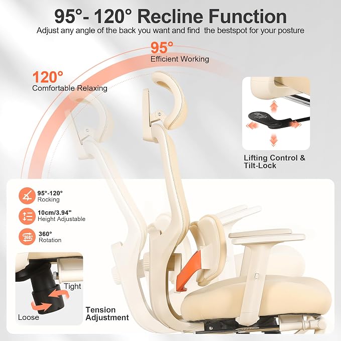 Ergonomic Office Chair with Footrest, Mesh Desk Chair with Adjustable Headrest & Armrests & Dynamic Floating Wing Lumbar Support, High Back Computer Chair for Home Office, BIFMA Certified, Beige - Image 7