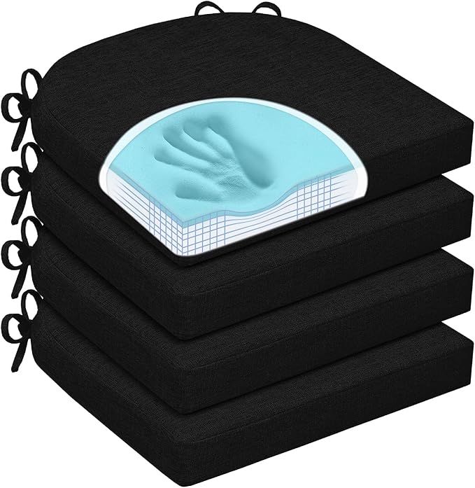 Chair Cushions for Dining Chairs, Non Slip Chair Pads with Ties and Washable Covers, Memory Foam Kitchen Chair Cushions Set of 4, 16"X16"X2.5", Black by HOMELYSIAN