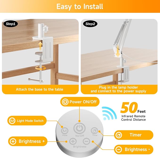 Led Desk Lamp for Home Office - 2400LM Ultra Bright Desk Light -Eye Caring Desk Lamp with Clamp - Adjustable Office Lamp with Remote Control- Easy Installation - 24W White - Image 5