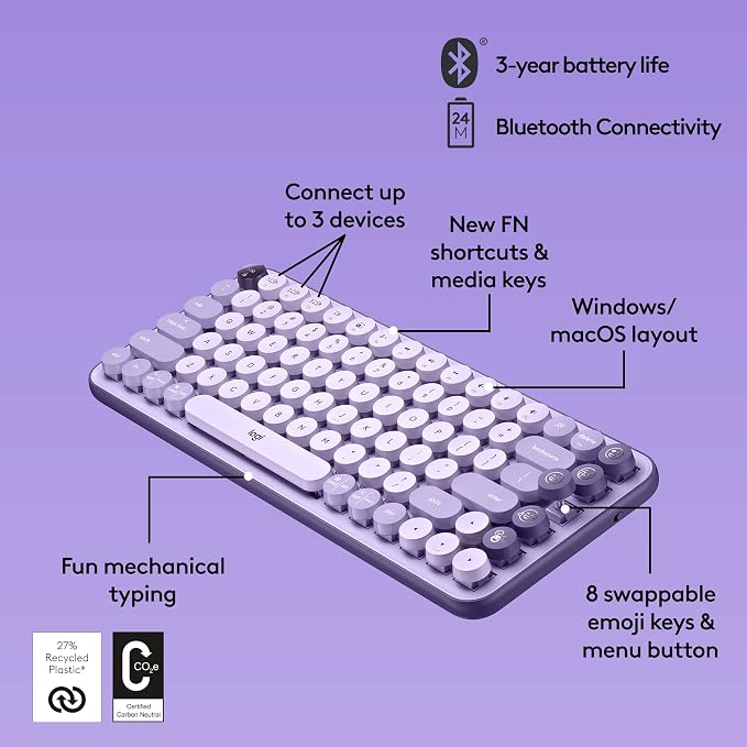 Logitech POP Keys + POP Mouse - Wireless Keyboard and Bluetooth Mouse Combo with Typewriter-Style Mechanical Keys, Emoji Features, Cute Compact Design - Cosmos - Image 6