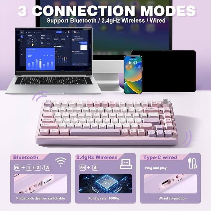 YUNZII B75 PRO 75% Wireless Mechanical Keyboard (Purple, Milk Switch) | Hot Swap Keyboard with Knob, Gasket Mount, Creamy Pre-lubed Switch for Smooth Typing, BT/USB-C/2.4G, for Gaming - Image 3