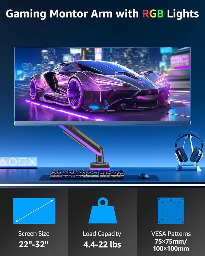 MOUNTUP RGB Single Monitor Arm Fits 32 27 24 22 inch, Holds 4.4-22lbs Screens, Monitor Stand for Desk with RGB Lights, 19 Modes, Computer Monitors Desk Mount, VESA Mount with Clamp & Grommet Bases - Image 6