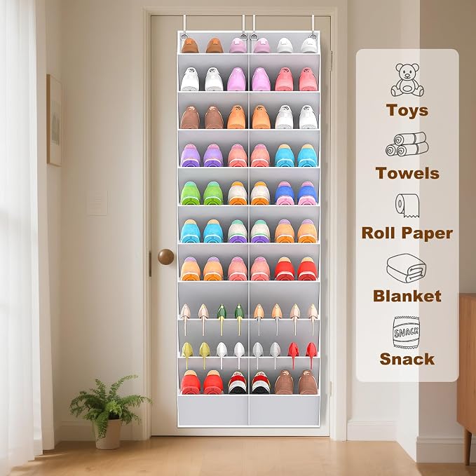 UVIAHOMI 20-30 Pairs Over the Door Shoe Organizer, Clear Pockets Hanging Shoe Storage for Closet, 10-Tier Door Shoes Rack, Handing Shoes Holder Fit All the Family's Sneakers, Boots, Heels, Light Grey - Image 6