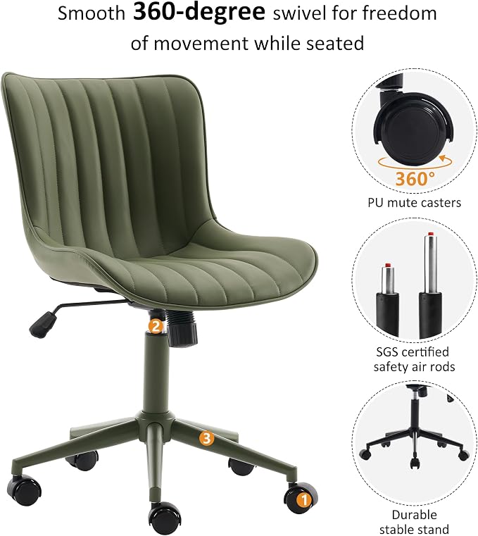 YOUNIKE Office Desk Chair with Wheels Armless Vanity Chair Ergonomic Green | Faux Leather Upholstered with Rocking Back, Swivel Height Adjustable, Modern Small Cute Task Chair For Sewing Drafting - Image 4