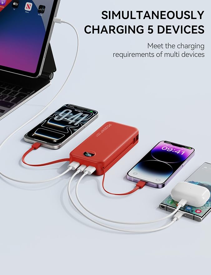 Nusyddy Portable Charger 20000mAh Fast Charging w/Built-in Wall Plug Red | PD20W Fast Charging, High Capacity, LED Display, Charge 5 Devices at once, TSA Approved, Compatible with iPhone/Samsung - Image 6