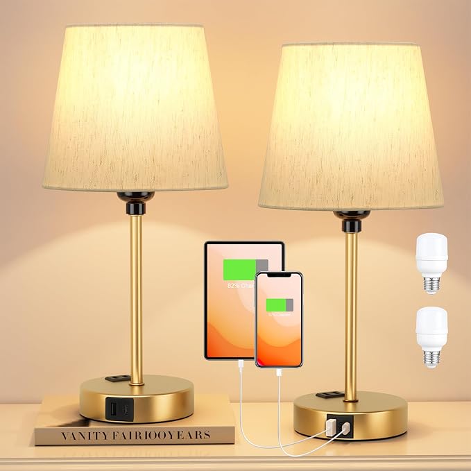 Gold Bedside Lamps Set 2 for Bedroom - Dimmable Touch, USB C+A, AC Outlet | 14.5" Mini Lamp, 3-Way Dimmable, LED Bulbs Included, Cream Barrel Fabric Lampshade, Nightstand Light for Guest Room, Kids - Image 2