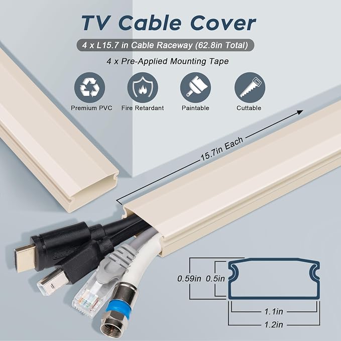 PVC Cord Hider Cable Management Wall, 62.8in TV Cable Hider | Paintable Cable Concealer for Wall Mounted TV, Cable Raceway Beige Wire Hider, Wall Wire Covers for Cords, L15.7inW1.2H0.59in - Image 2