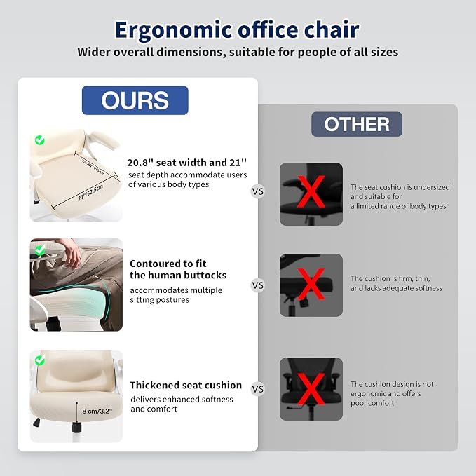 Ergonomic Office Chair Desk Chair with Adjustable Lumbar Support | Mesh Computer Chair Home Office Desk Chair with Flip-up Armrests Executive Task Chair Comfy Mesh Gaming Chair (Buff Beige) - Image 4